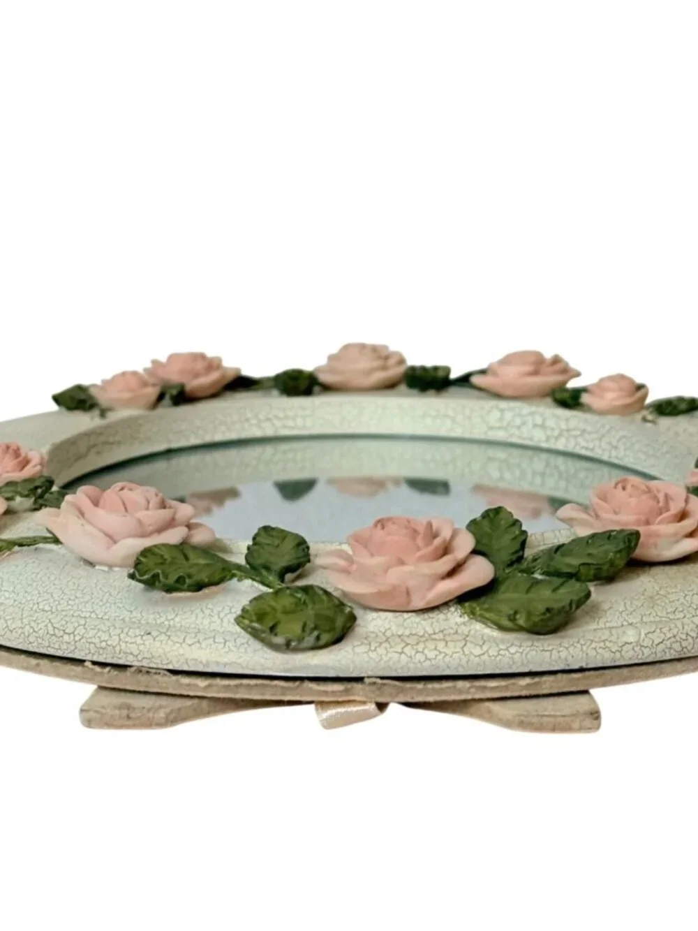 Homco Oval Mirror Roses Distressed White Frame VTG Shabby Chic French Country